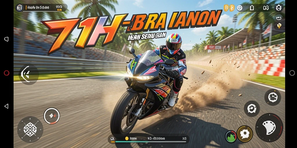 Screenshot gameplay 71H menampilkan balapan motor yang mendebarkan.