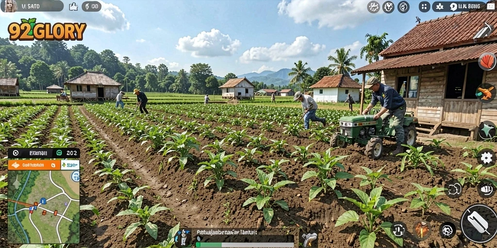 Screenshot permainan 92GLORY yang menampilkan lahan pertanian yang subur.
