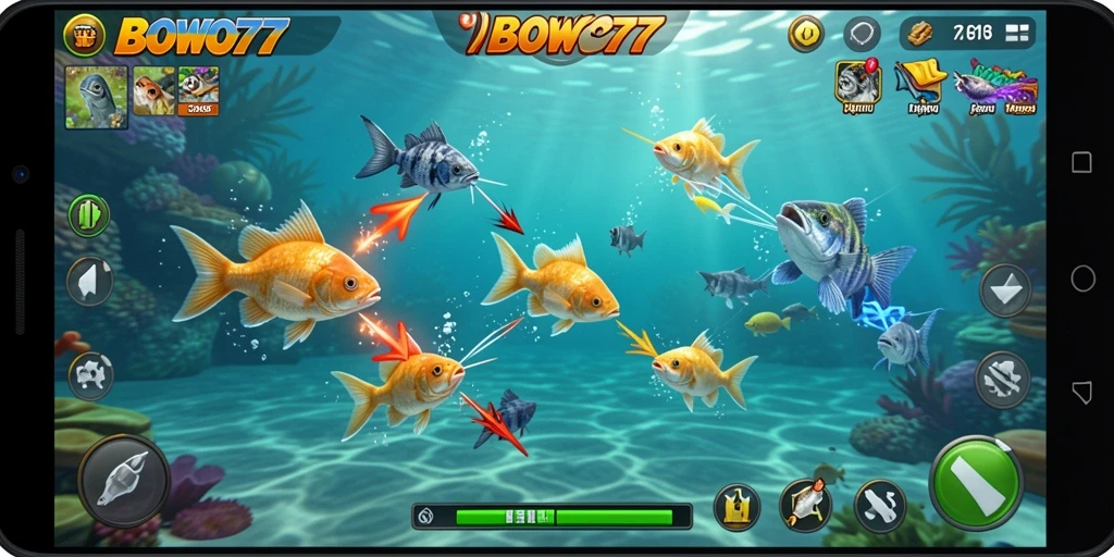 Gameplay BOWO77 menampilkan aksi menembak ikan yang seru dan mendebarkan.