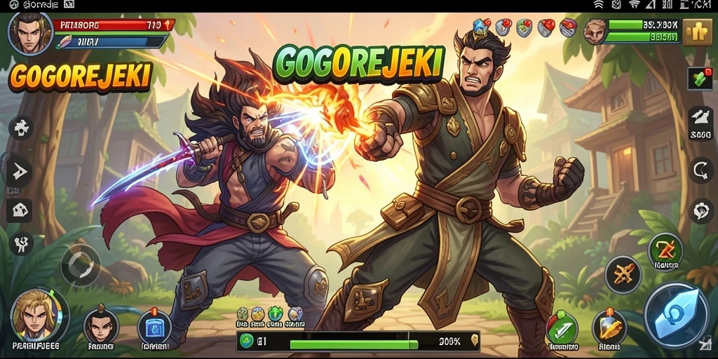 Tangkapan layar GOGOREJEKI menampilkan aksi pertarungan yang seru.