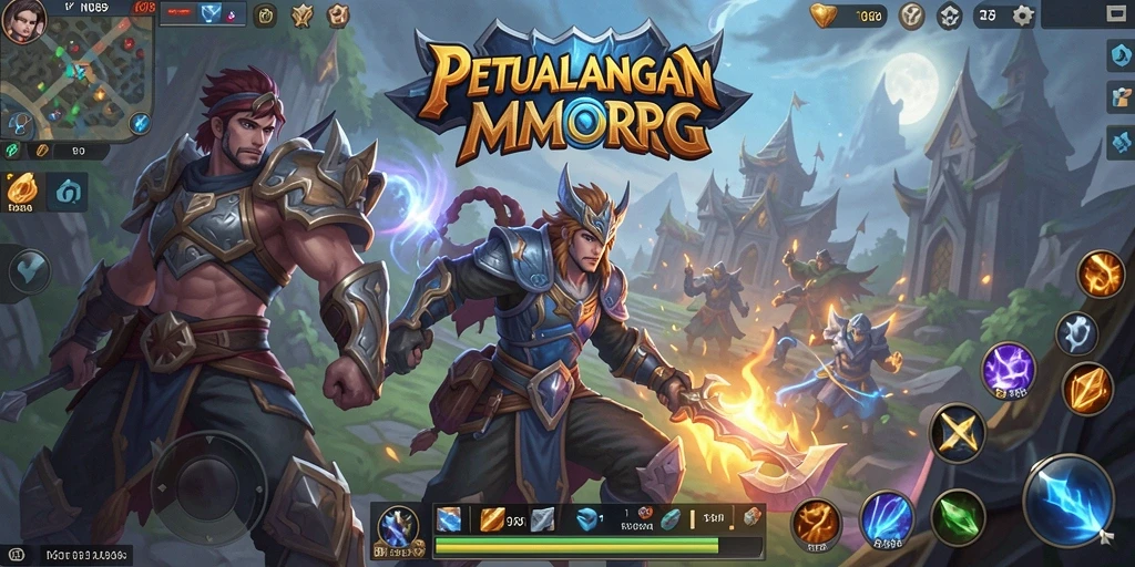 Screenshot menunjukkan pertarungan epik dalam game MMORPG.