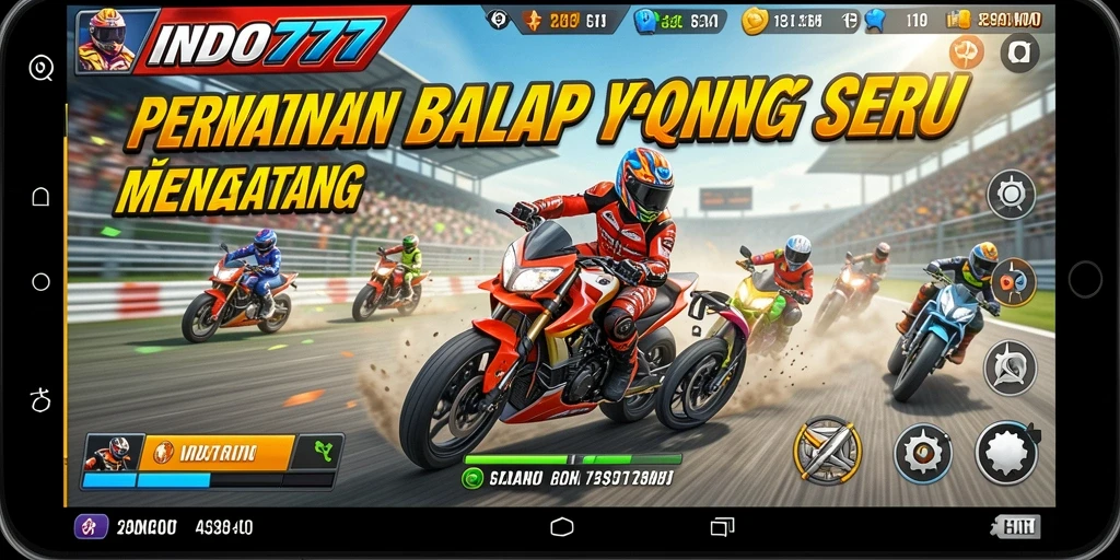 Tampilan gameplay INDO777 dengan mobil balap kencang di lintasan menantang.