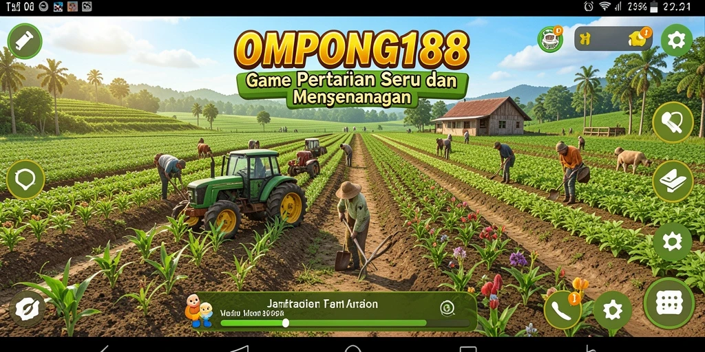 Tampilan gameplay OMPONG188 dengan ladang subur dan panen melimpah.