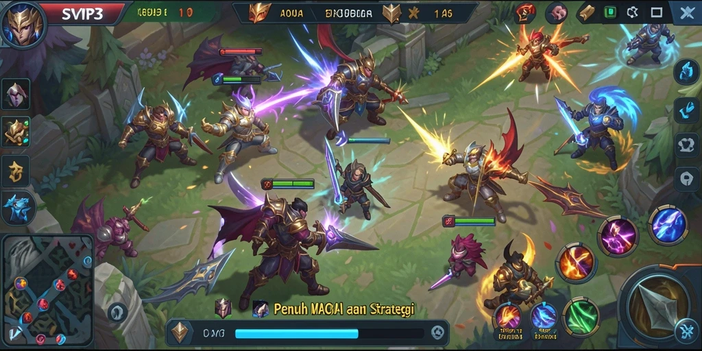 Screenshot gameplay SVIP3 yang menunjukkan aksi pertempuran tim dan strategi.