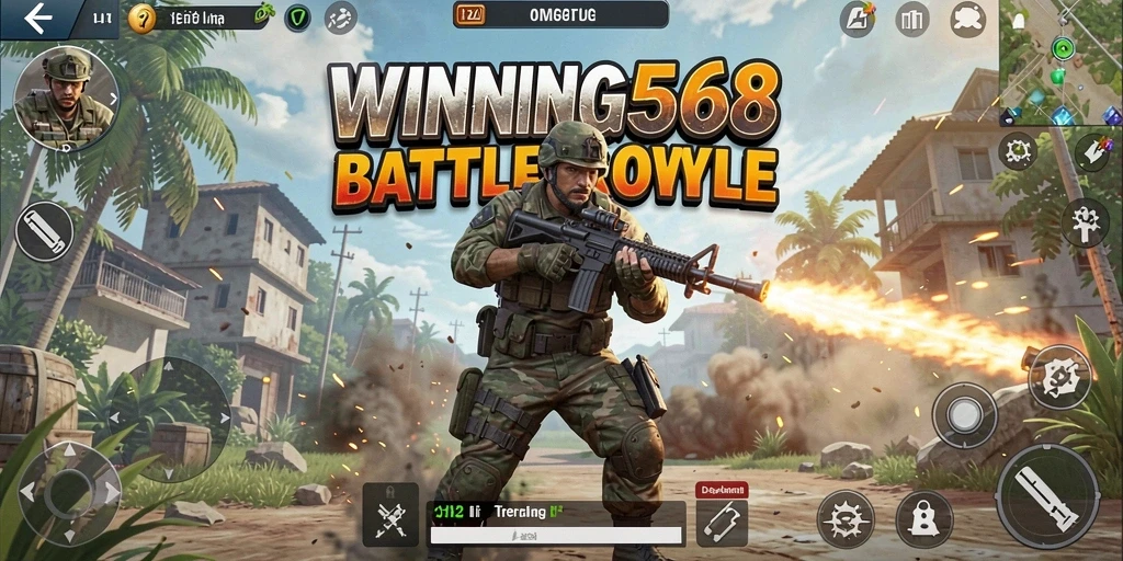Screenshot dari gameplay mendebarkan WINNING568 dalam pertempuran Battle Royale.